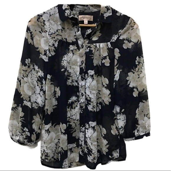 Philosophy floral navy tan white sheer blouse 3/4 sleeve small - Picture 3 of 7